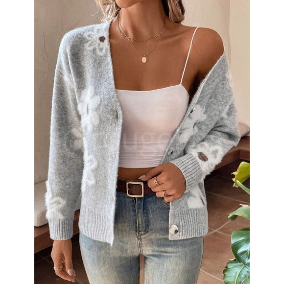 Grey Cardigan Knit Flower Textured Button Front - Picture 3 of 9